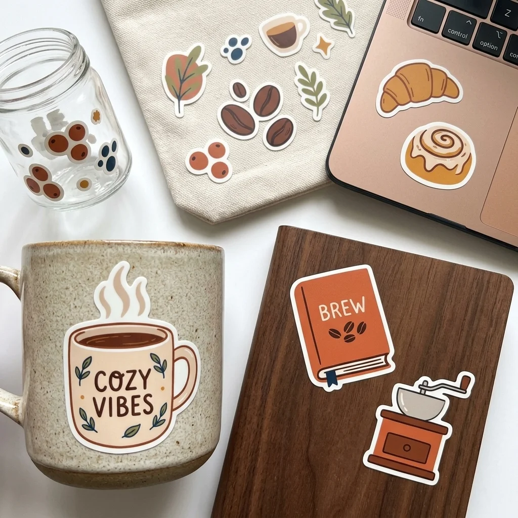 Cozy Coffee UV Transfer Stickers Waterproof Cafe Themed Decals for Glass Jars, Cups, Mugs, Bottles, Laptops, Notebooks DIY Decor