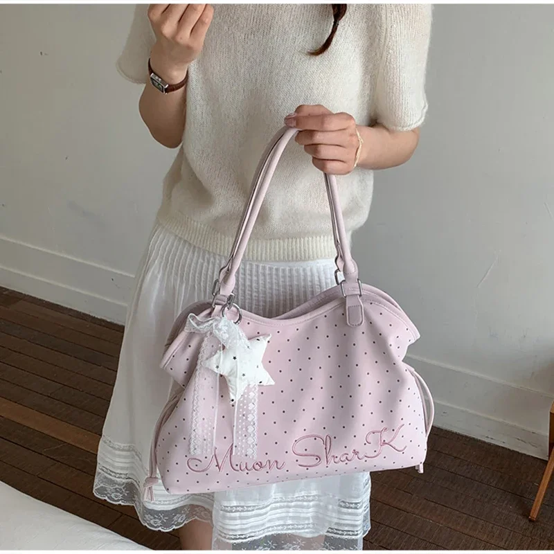 Koreanische große Canvas-Tragetasche mit Polka-Dot-Sternmuster, süße, edgy Schultertasche im Ballett-Schleifen-Stil, vielseitige Damen-Handtasche für den Arbeitsweg – Detail 11