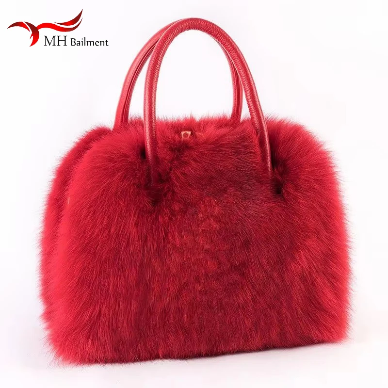 Winter Women Fox Fur Handbags Genuine Cowhide Hard Handle Handbag Full-pelt Red Fur Shoulder Luxury Evening Fashion Bags Tote