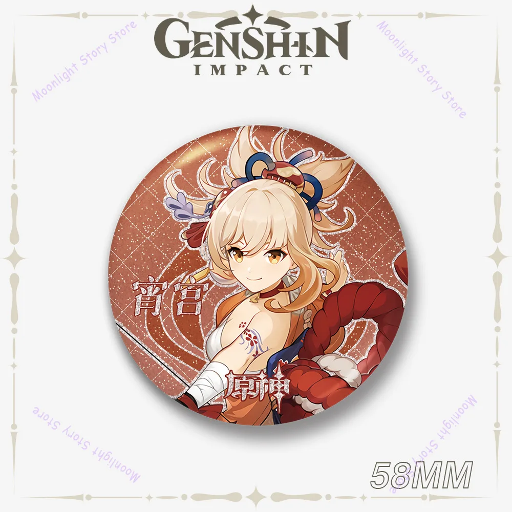 Genshin Impact 58MM Abzeichen für Rucksack Hut Jacke Dekoration Raiden Shogun Hu Tao Zhongli Anhänger für Fans Modeschmuck