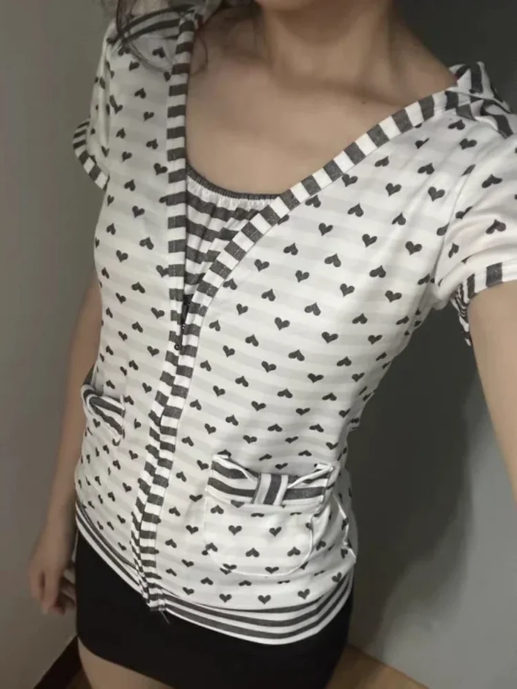 

Subcultural Harajuku Y2K retro polka dot striped print women's hooded T-shirt summer millennium spicy girl casual sports tops