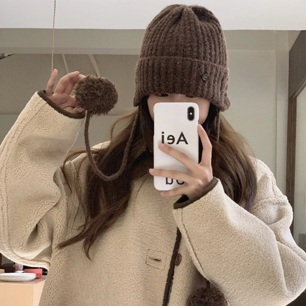 

Cute Winter Y2k Knitted Cap Thick Windproof Pom-pom Knit Cap Soft Warm Casual Beanie Hats Female