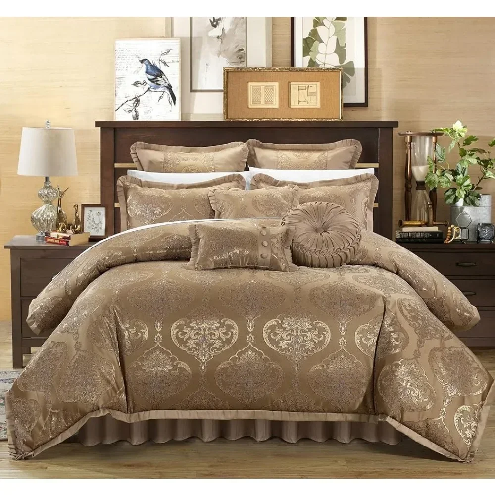 Home 9 Piece Upholstery Quality  Fabric Bedroom Comforter Set & Pillows Ensemble, King, Gold