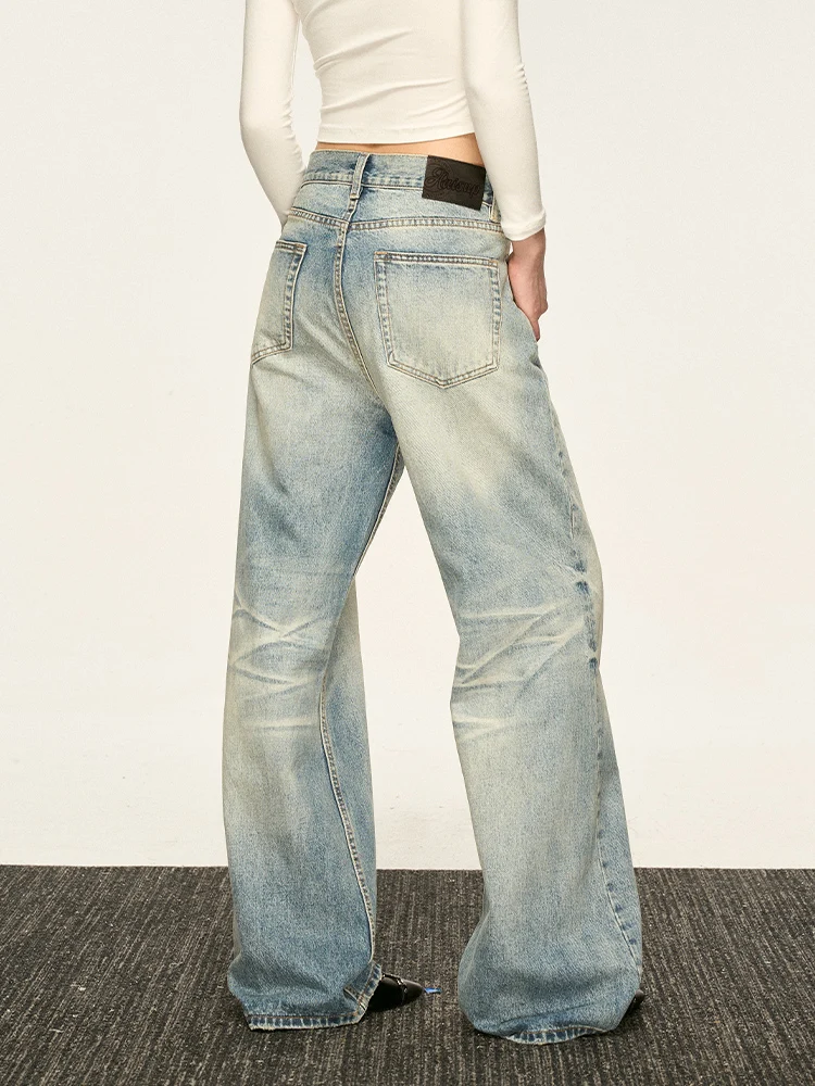 Aaisup American Style Blue Washed Denim Jeans Women's Spring Autumn Design Worn Straight Leg Wide Leg Pants Casual Loose Fit