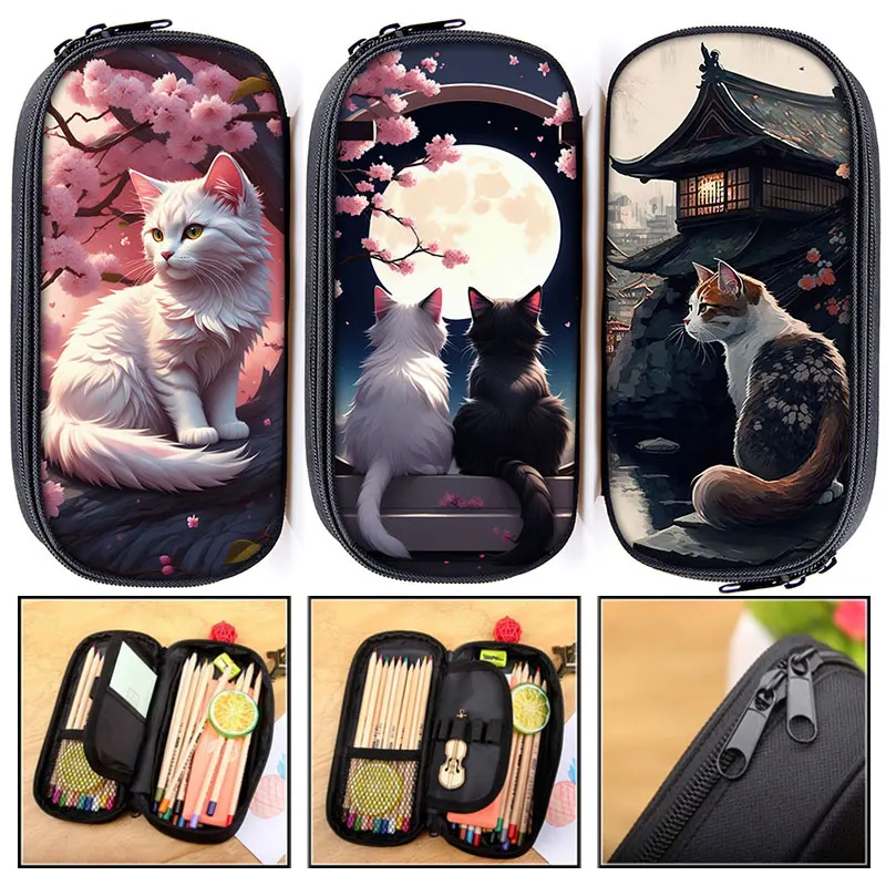 Animals Cat Cherry Blossom Japan Pencil Case Women Cosmetic Bags For Teenagers Organizer Student Stationary Bag School Supplies