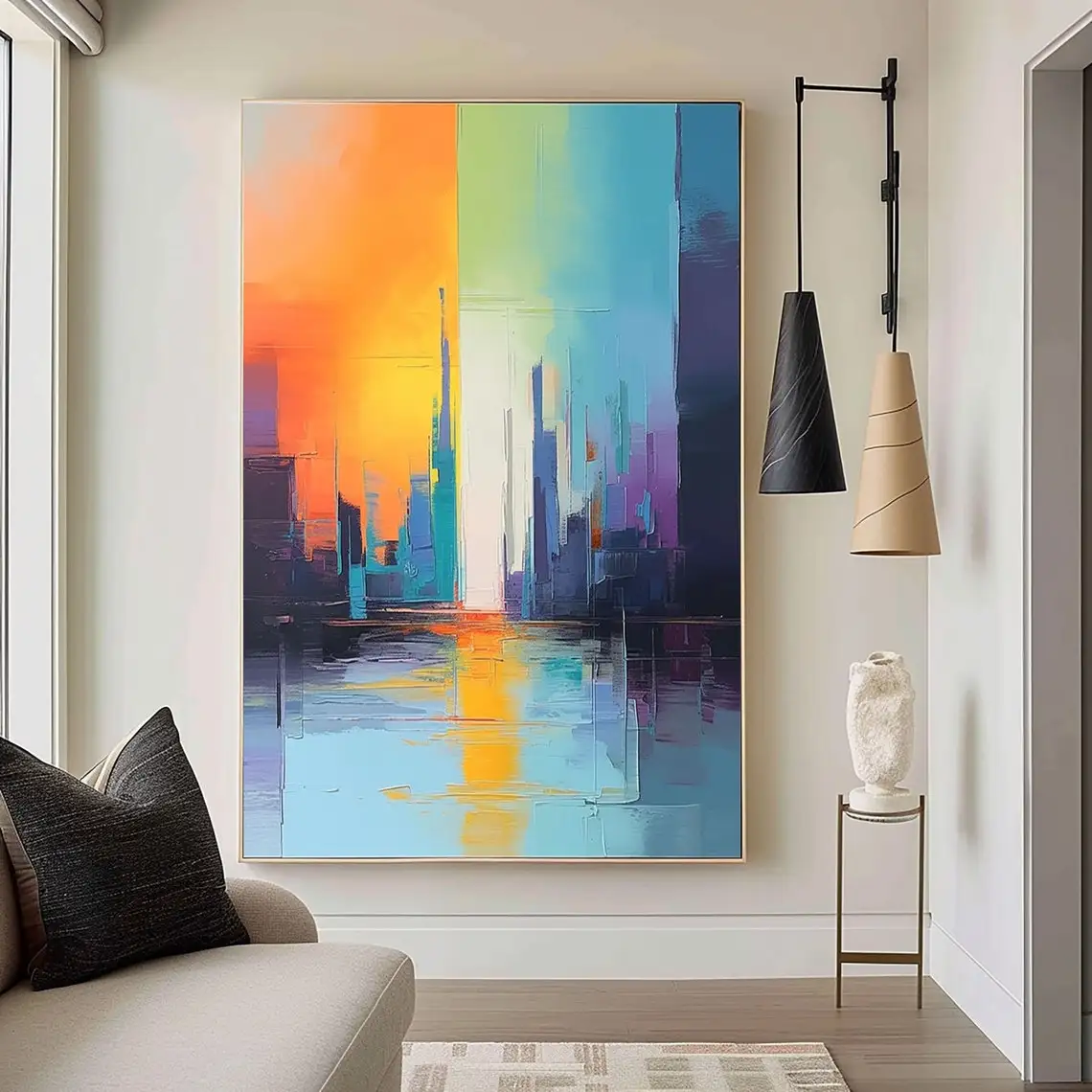 Large Colorful Abstract Cityscape Handmade Canvas Painting Textured Urban Wall Art Mordern Art For Living Room Bedroom Office