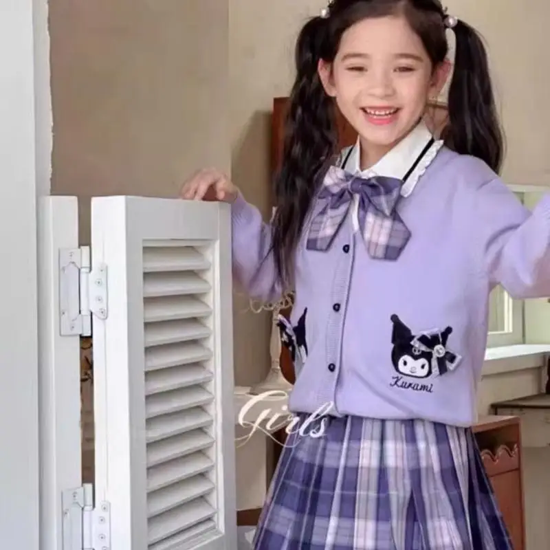 

Girls Kuromi Jk Set Spring Clothing New Style Academy Style Three Piece Set Children's Bow Uniform Pleated Skirt Knitted Sweater