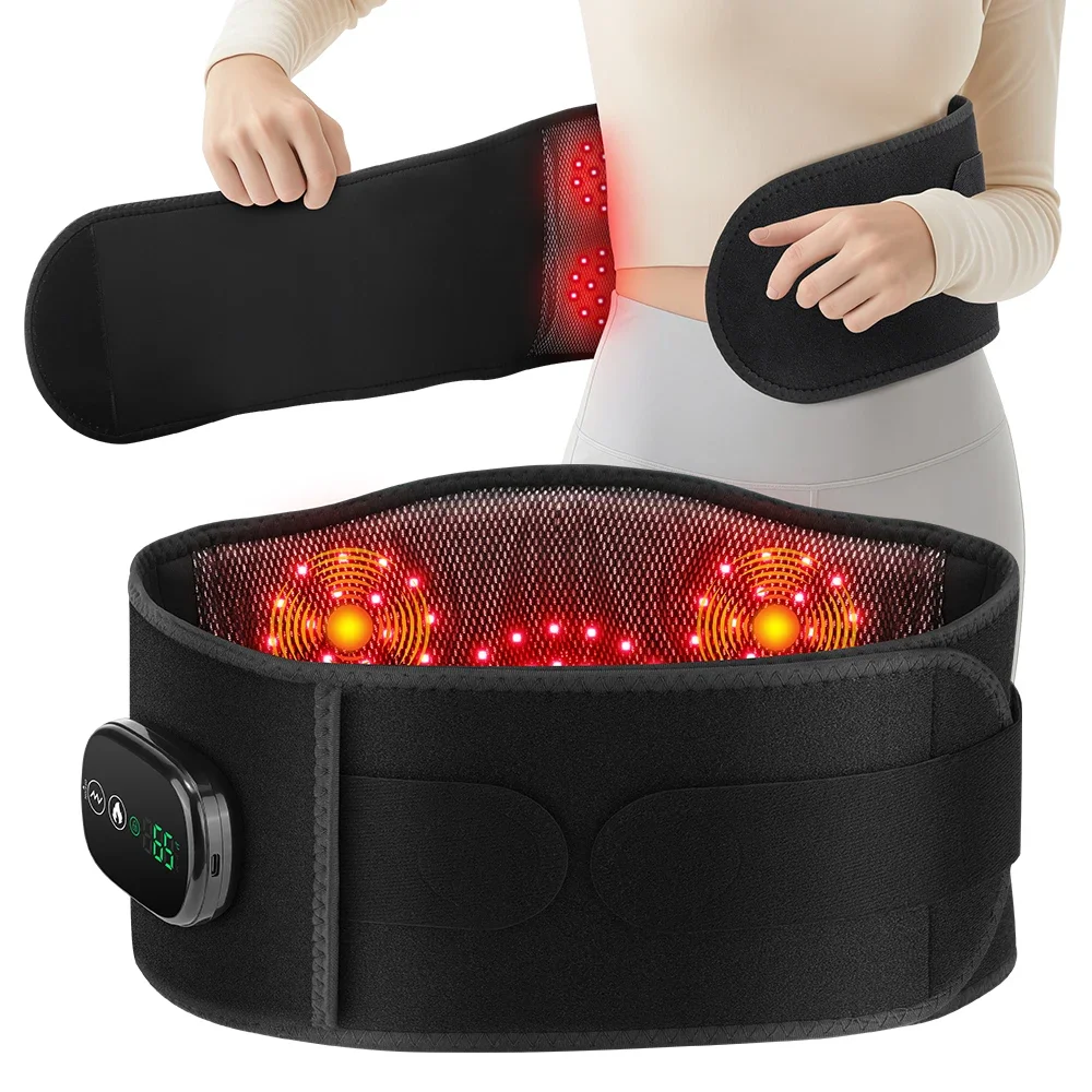 Almohadilla de masaje de cintura, calefacción, vibración, luz LED, cinturón masajeador, inalámbrico, espalda, cintura, músculo, máquina de compresión caliente con correa de extensión