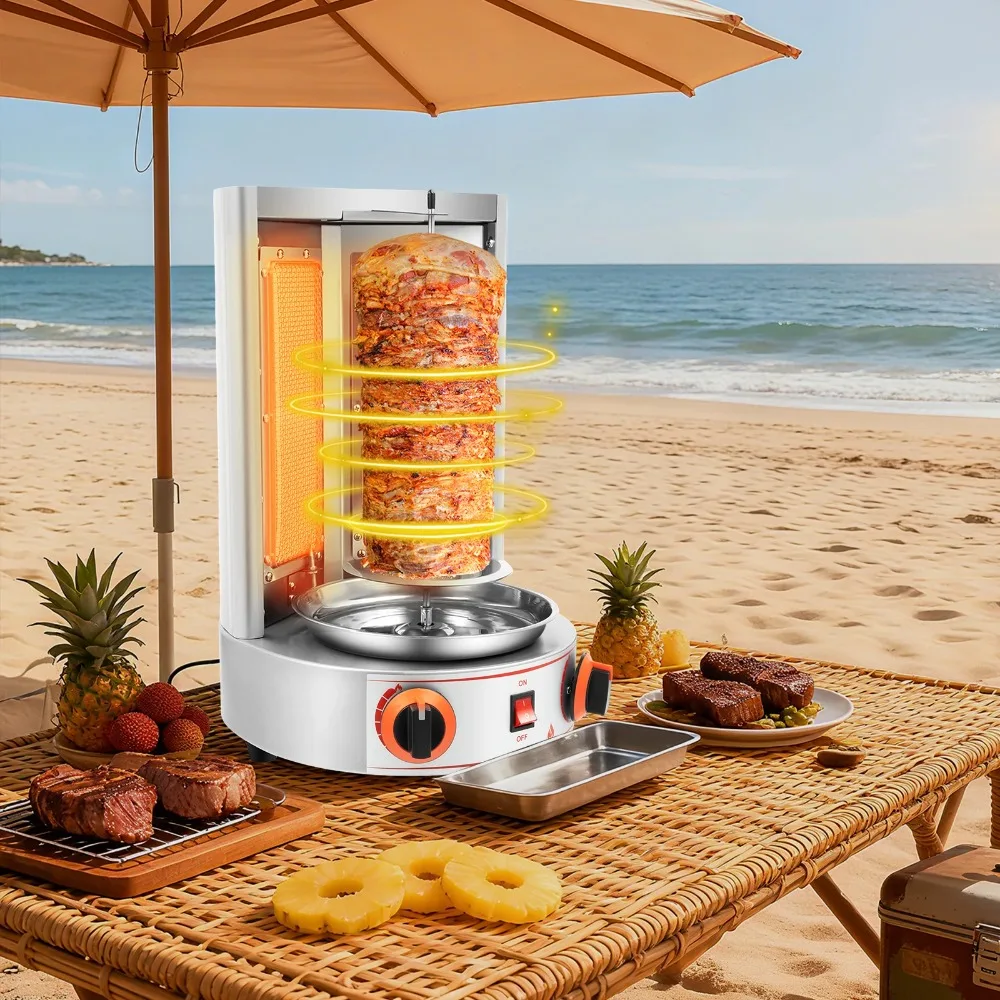 Shawarma Machine Gas 25 Inch with 360° Rotating Grill, Dual Heaters for Even Cooking, Home Use BBQ Grill with US Gas Pipe and Round Base 110V