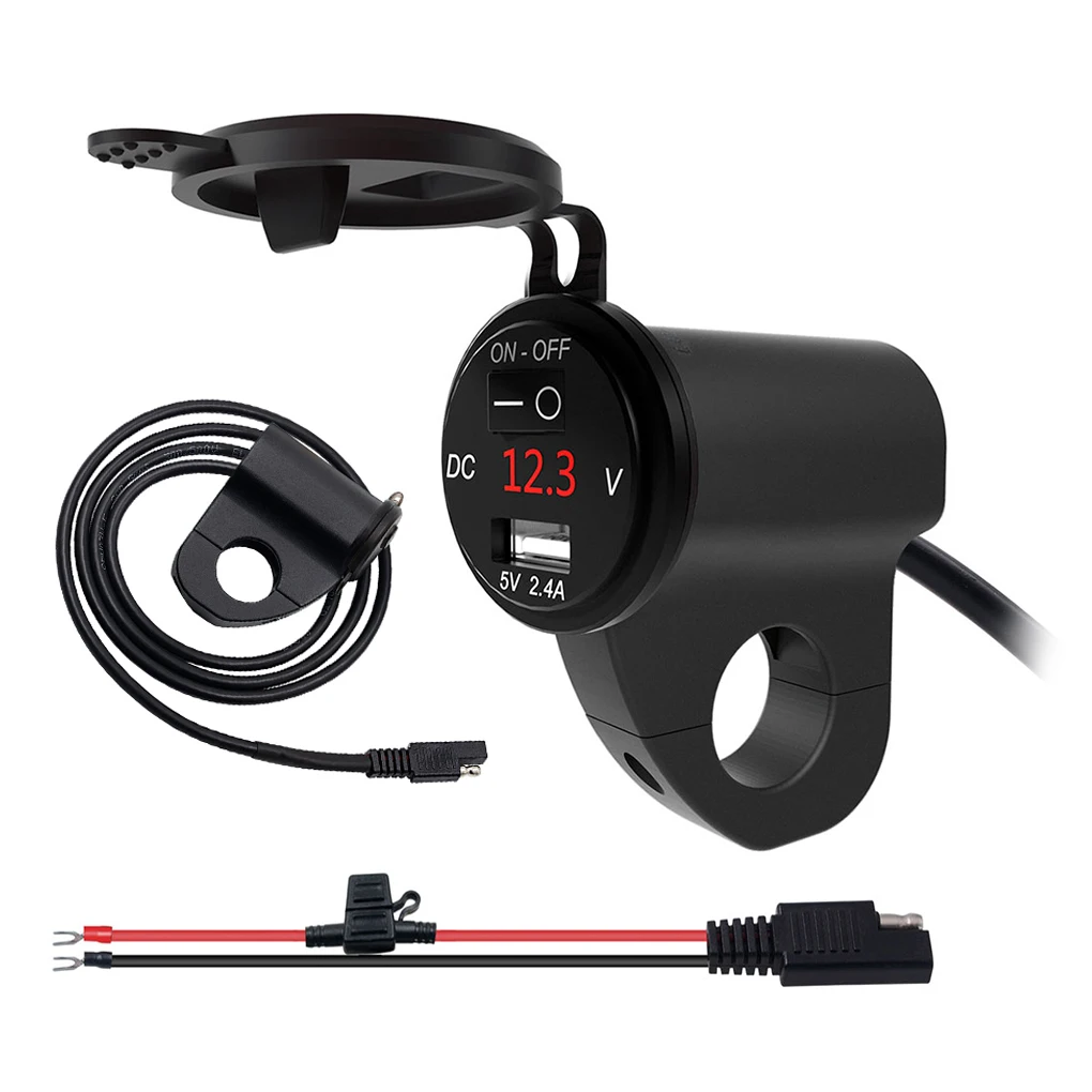 Motorcycle USB Charger Digital Display Phone Charging Adapter Motorbike USB Power Supply with Switch, Black