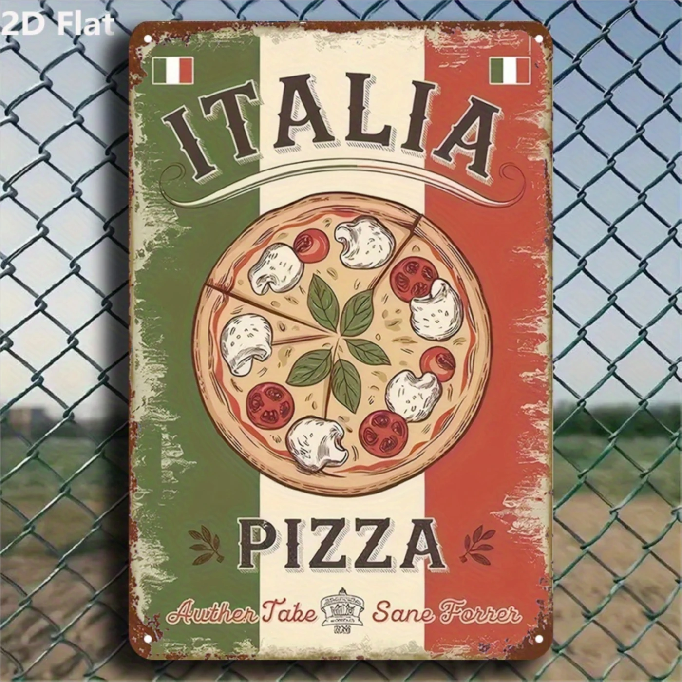 Letrero de metal 2D plano con diseño de pizza italiana grande y rama de olivo - Decoración retro de hierro en los colores de la bandera italiana, adecuada para el hogar, la cocina, el café, el restaurante - Decoración colgante vintage hecha a mano para interiores/exteriores, cartel con temática de pizza, fácil de instalar, 2D