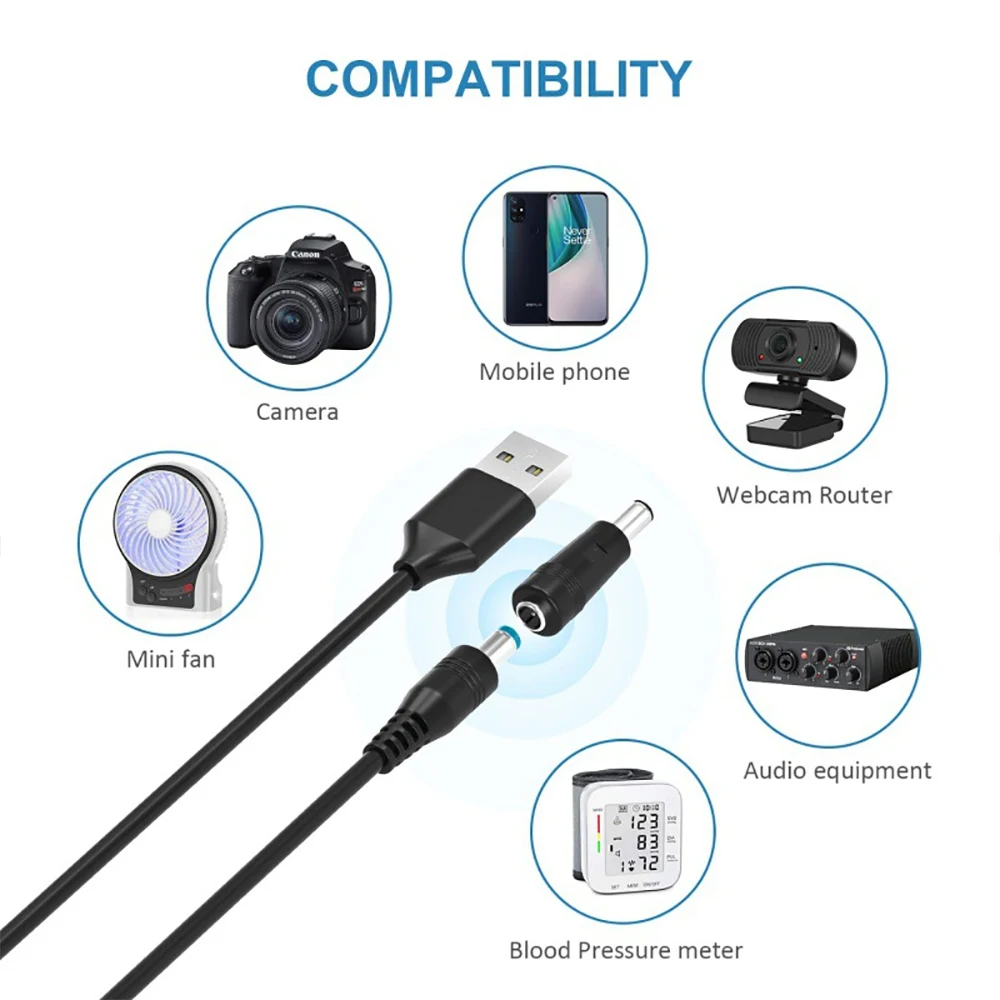 Universal USB Cable with 5.5x2.5mm DC Jack and 13 Extra DC Plug Adapters, 1.5m/5ft Charging Power Cord for 5V Electric Devices