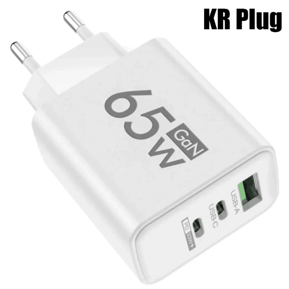 65 W GaN USB-Ladegerät, 3 Anschlüsse, PD Typ C, schnelles Aufladen, EU/US/KR-Stecker, Reise-Wandadapter, Schnellladung, USB-C-Ladegerät, Netzteil