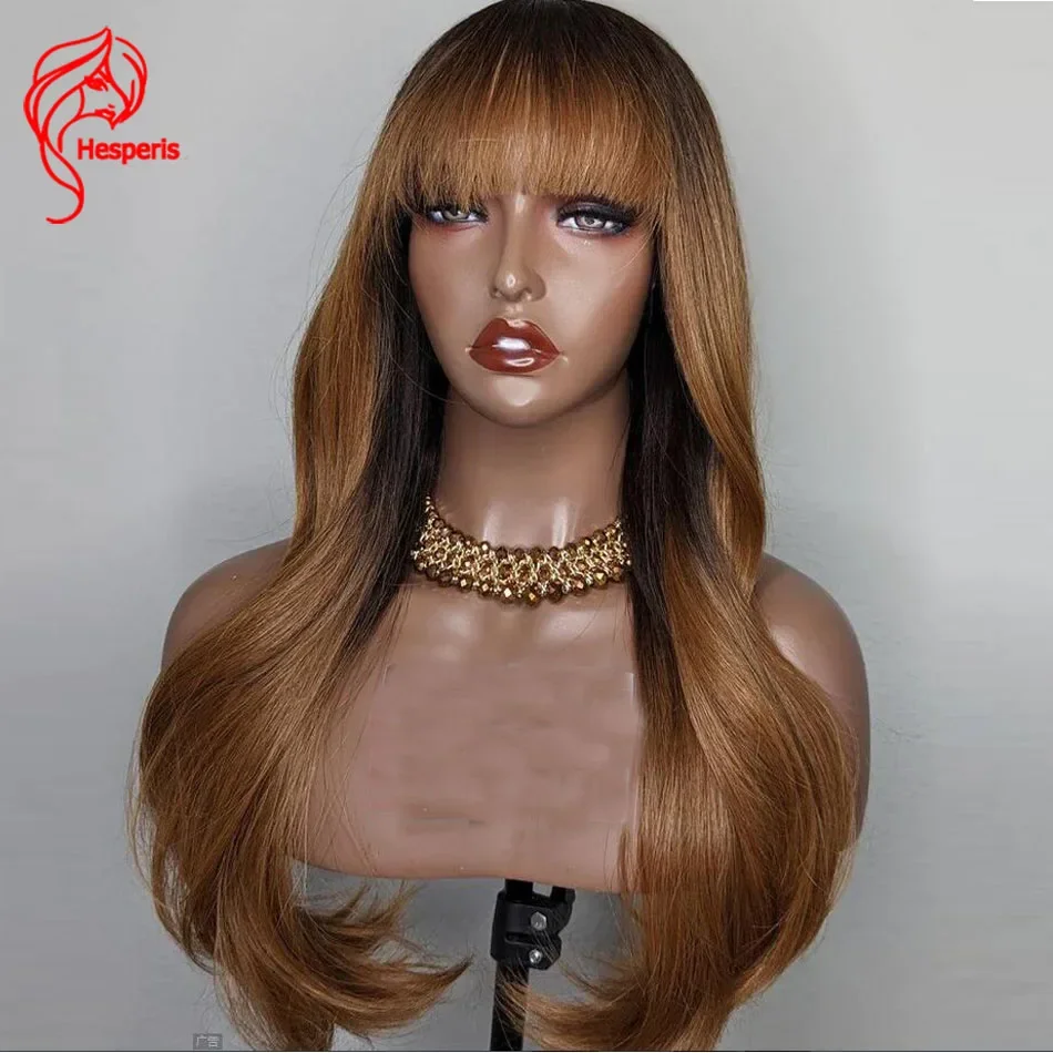 Hesperis Natural Wave  Scalp Top Full Machine Made Wig WithFringe Brazilian Remy Dark Blonde Ombre Human Hair Wig With Bangs