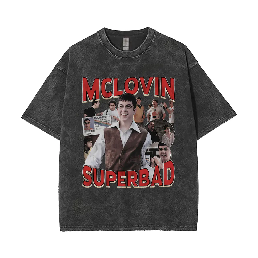 Gewaschenes Vintage-Film-T-Shirt mit lustigem Mclovin-Grafikdruck für Männer und Frauen, lässiges Humor-T-Shirt, Herrenmode, Oversize-Streetwear – Detail 2