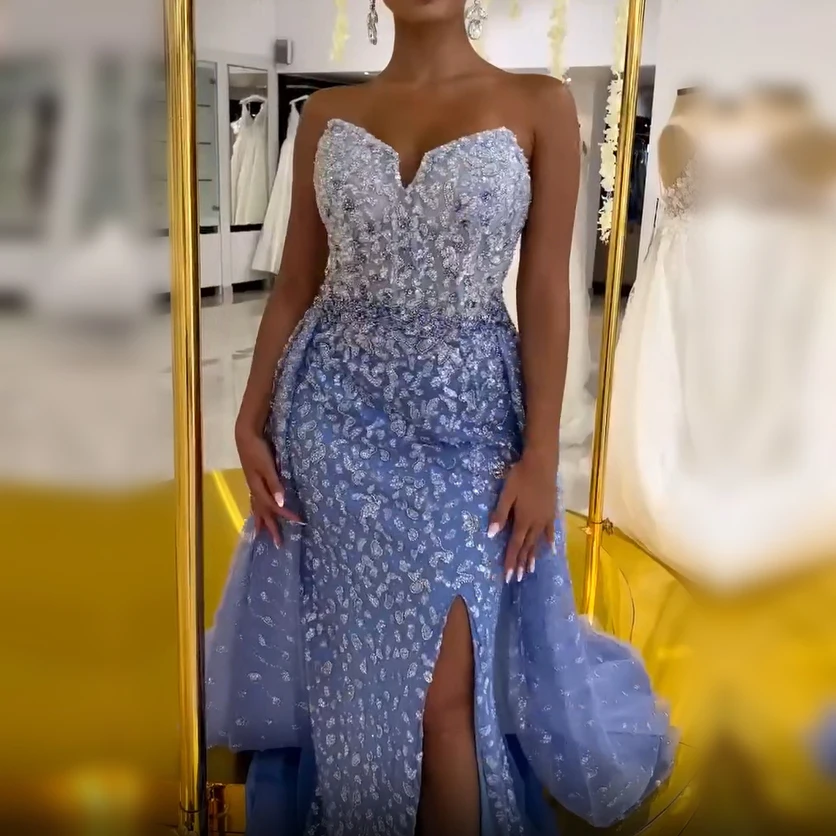 Hot Sale Blue Mermaid High Split With Skirt Sweetheart Strapless Beaded Party Dresses Formal Women Evening 2023 71796 Best Price