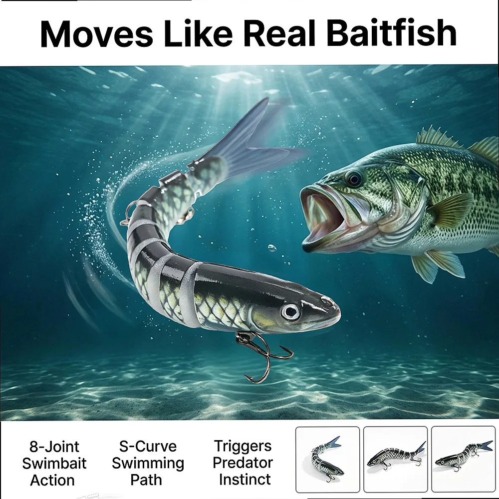 Jointed Crankbait 3/5/10 Pack 8-Segment Sinking Swimbait Rattle Beads 3D Eyes for Pike Bass in Cold River