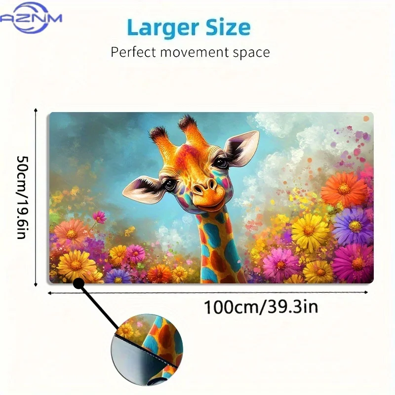 1pc Large-sized Esports Gaming Mouse Pad with a Colorful Giraffe in a Flowering Shrub Illustration Pattern, Featuring a Non-slip
