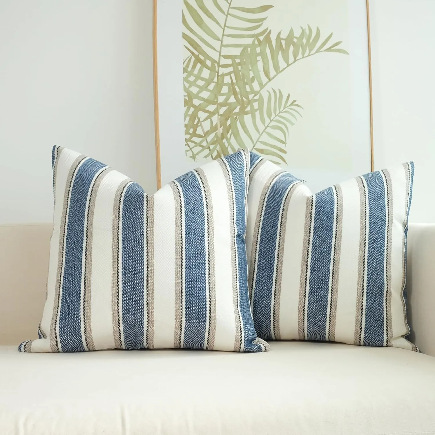 1/2pcs 45x45cm Striped Throw Pillow Cover, Blue and Cream Herringbone Woven Pattern, Decorative Farmhouse Gift Cushion Cover