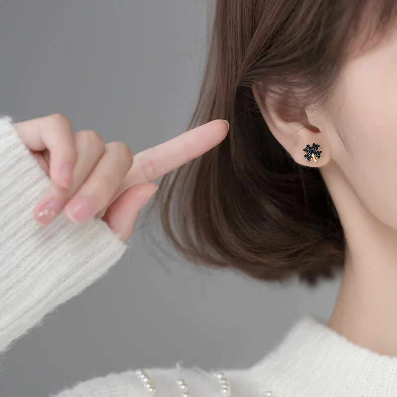 Silver 925 Earrings For Women Clover 925 Silver Earrings For Girls Stud Earrings For Women Irregular Black Zircon Daily Lucky