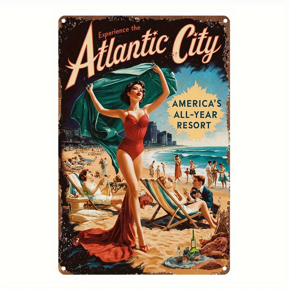 2D Flat - 1pc 12x8inch Aluminum 2D Flat Decorative Sign& Plague Vintage Atlantic City Beach Scene Sign, Art Poster Wall Decor, R