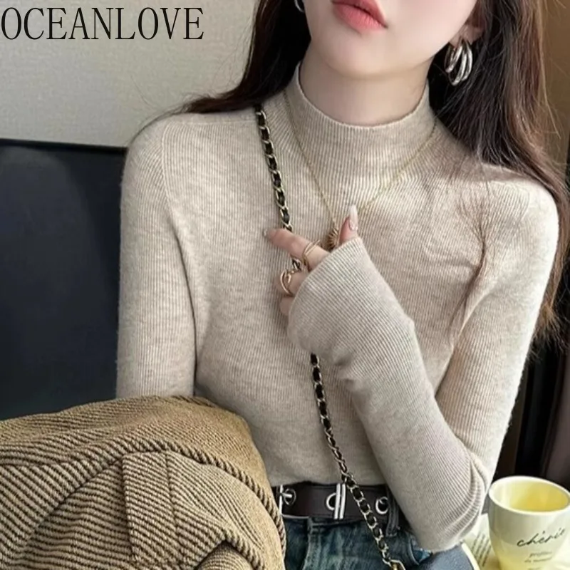 

OCEANLOVE женские свитера с высоким воротником, осень-зима, однотонные Ropa De Mujer, корейские модные базовые простые короткие пуловеры