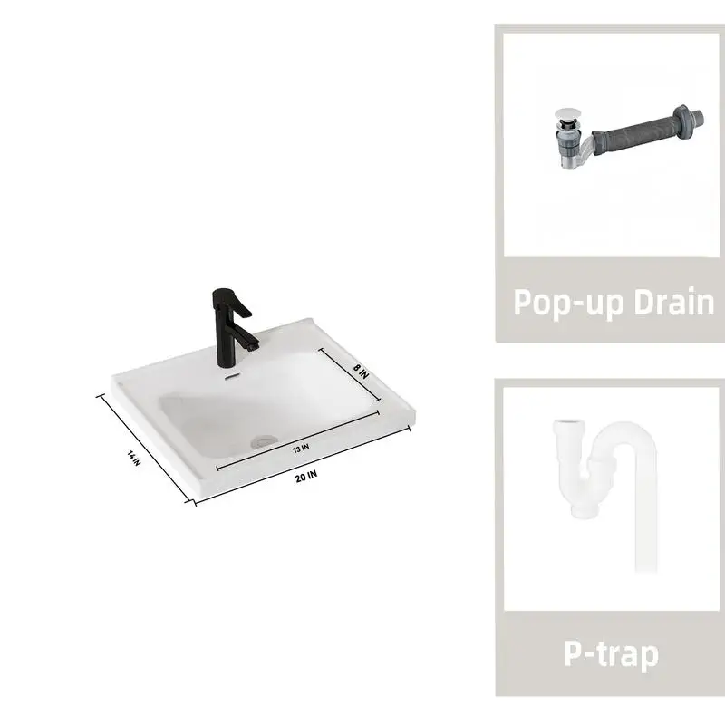 مجموعة حوض حمام مقاس 20 بوصة مع مجموعة حوض سيراميك وباب خزانة مغلق ناعم، تصميم عائم مثبت على الحائط، وصرف منبثق ومصيدة على شكل حرف P