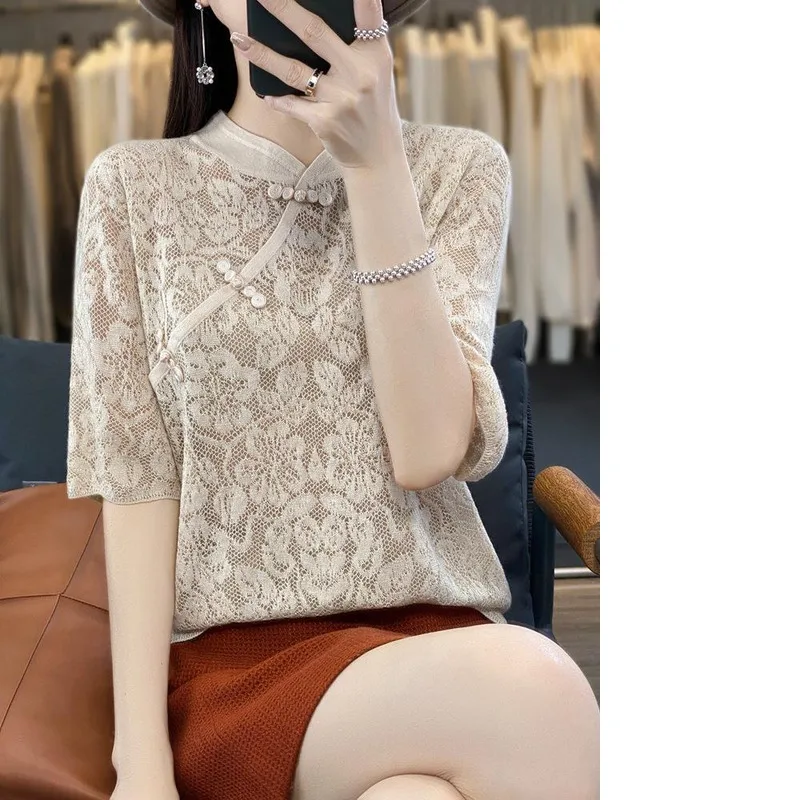 Women's Summer Chinese High Street Korean Fashion Half Sleeves Thin Knitted Standing Neck Button Top   T-shirt