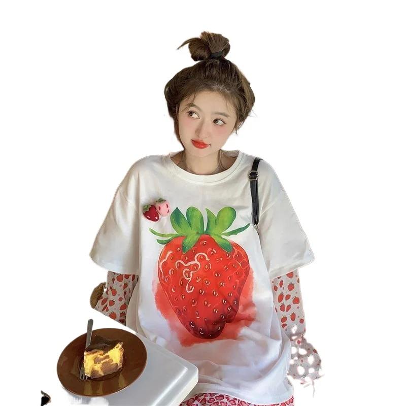 Plus Size 145KG Three-dimensional Strawberry Splicing Mesh Fake Two-piece Loose T-shirt Women's Summer New Korean Sweet Top New