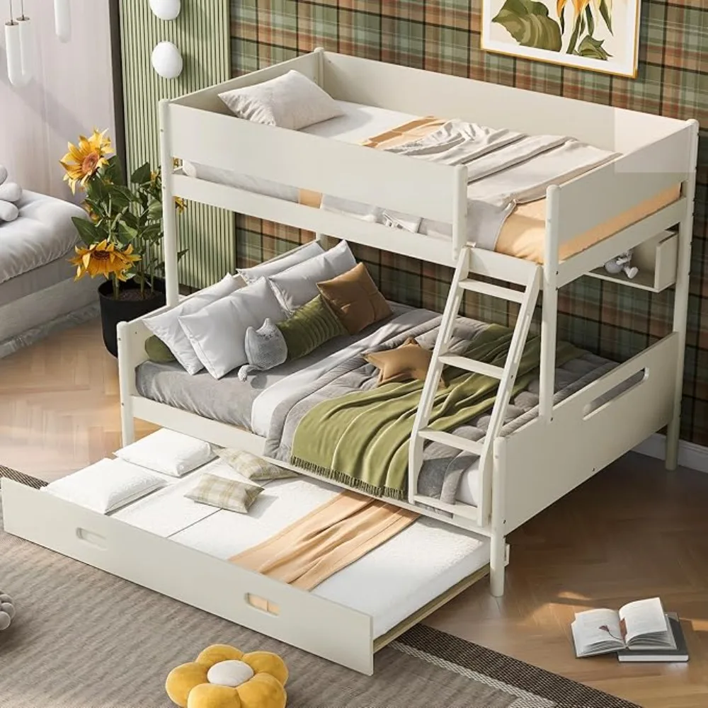 Children's Bed Bases,Wood Twin Size Trundle-Bed, Storage Shelves,Safety Guard Rails and Slanted,Children's Bed Bases