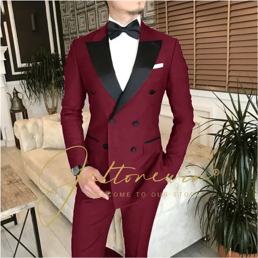 Slim Fit Male Suits 2 Pieces Navy Blue Double Breasted Wedding Tuxedos Groom Business Wear Best Man (Blazer+Pant) Costume Homme