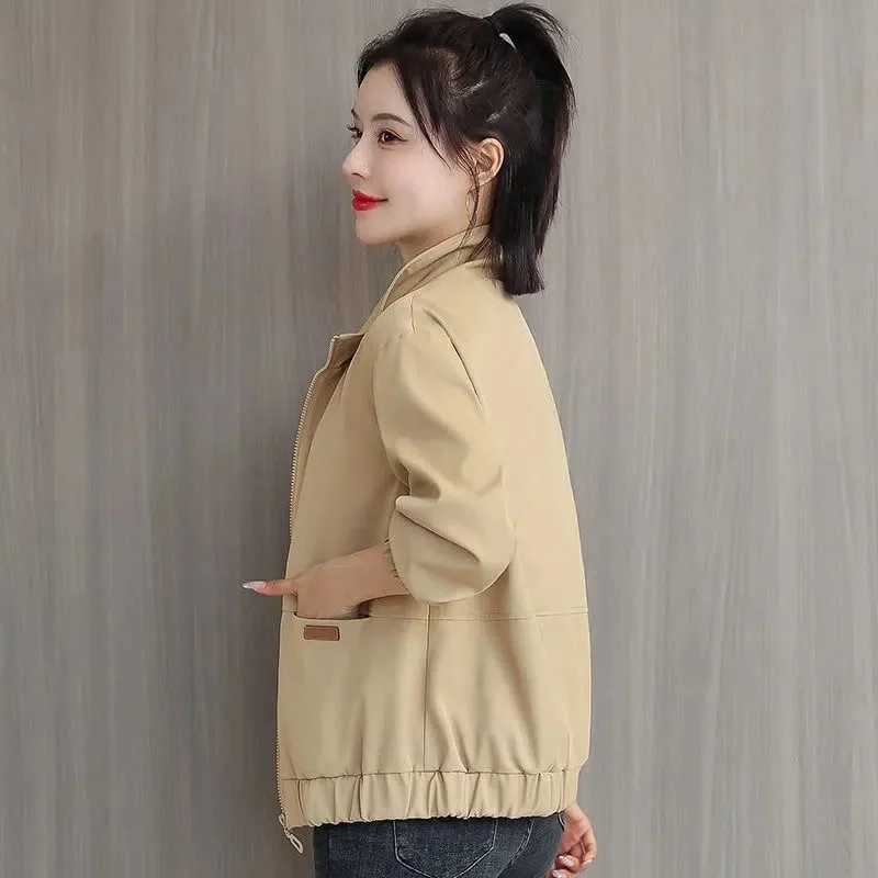 Lady Windbreaker Stand-up Collar Zipper Outerwear Khaki Double-deck Have Lining Short Jacket Women Spring Autumn Thin Top Coat