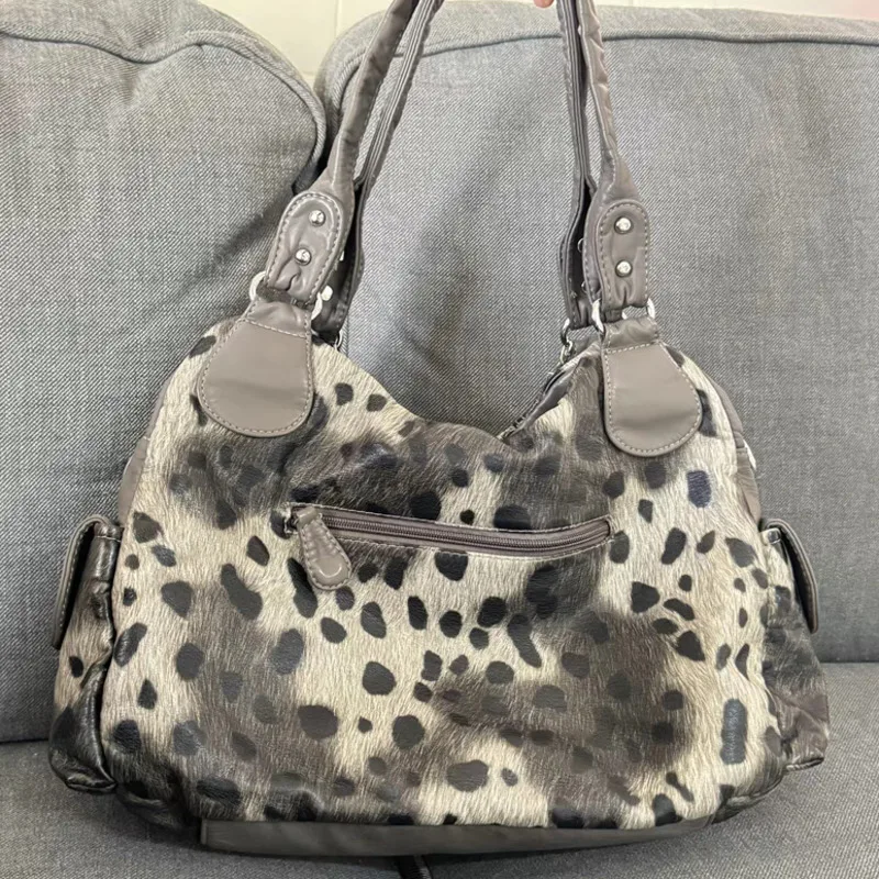 Leopard Print Tote Bag Y2k Cross Star Subculture Texture Punk Niche Girl Tote Large Capacity Handbag Shoulder Bag Crossbody Bag