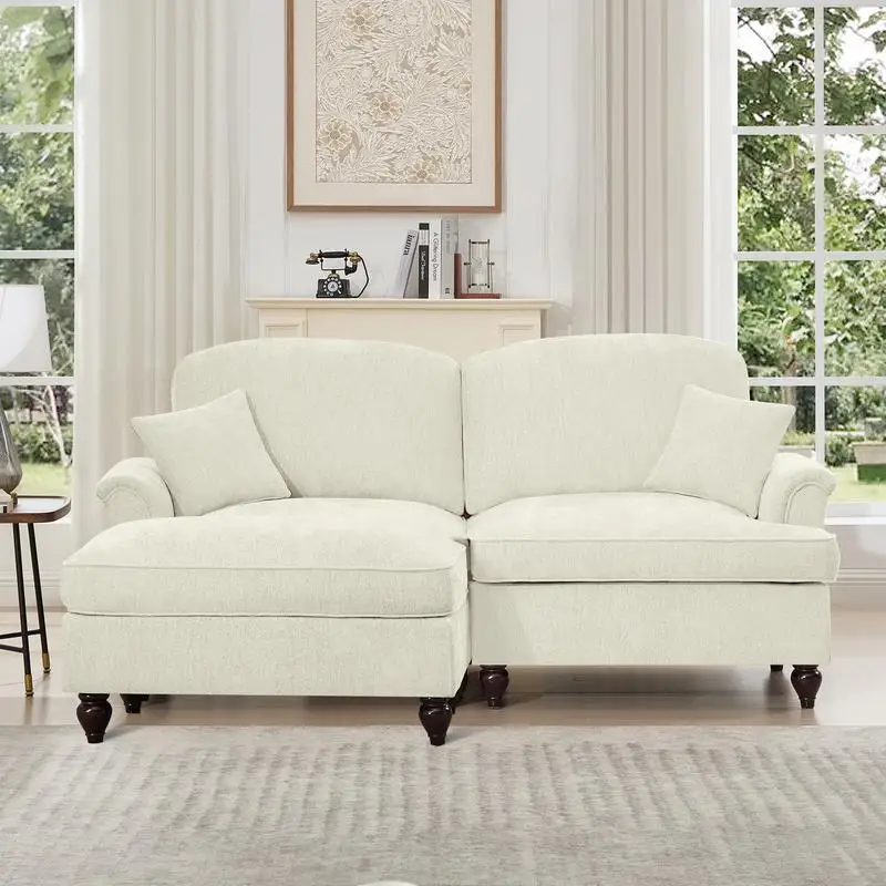 

Elegant Mid-Century Large Two-Seater Modular L-Shaped Sofa Couch with Flared Arms, Removable Pleated Skirt, Spindle Legs, Comfy