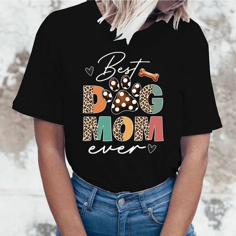 

Mothers Day T Best Dog Mom Ever Printed T-Shirts Women Short Sleeve Funny Round Neck Tee Shirt Casual Summer Tops