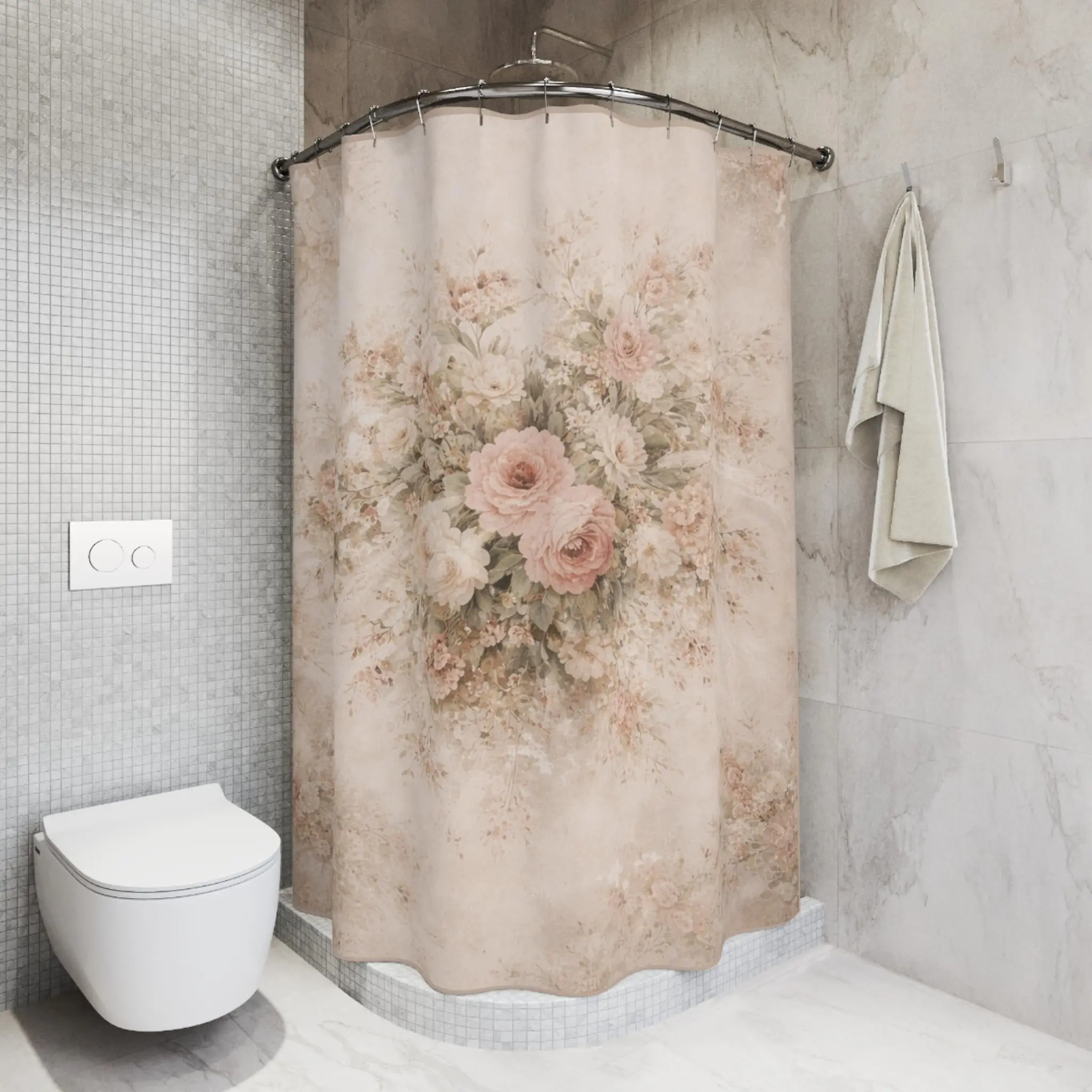 Soft Pink Rose Spray Fabric Shower Curtain, Victorian Floral Bathroom Decor, Blush French Country Cottage Shabby Chic