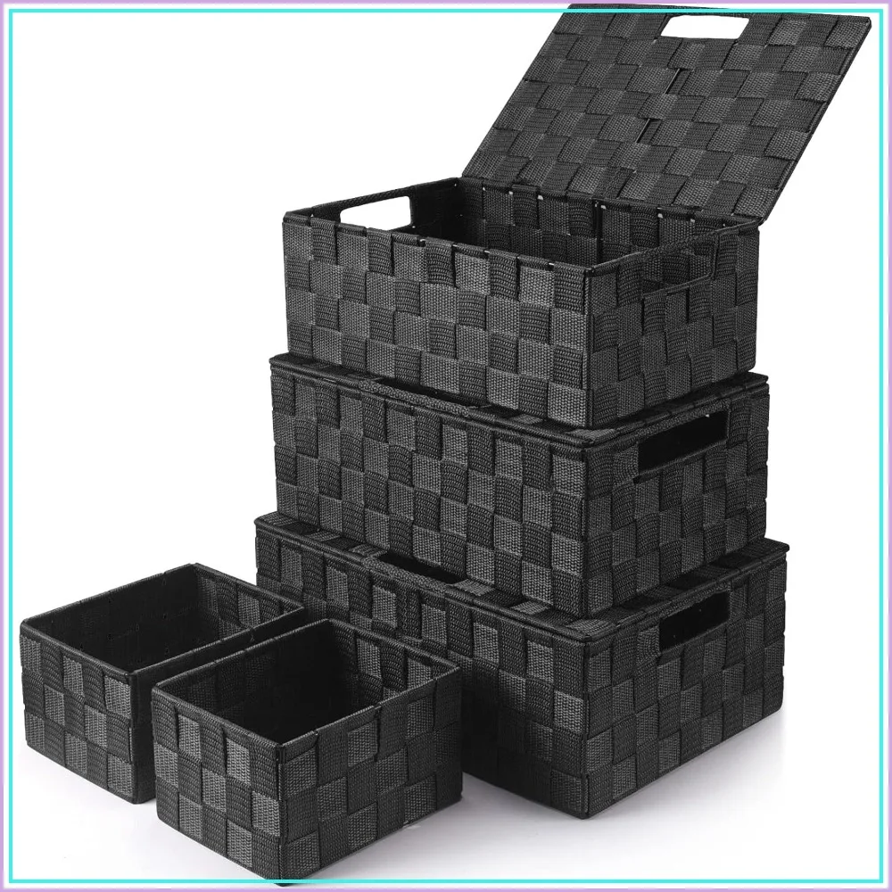 

5-Pack Woven Storage Baskets with Lids, Stackable for Shelves, Decorative Baskets with Handles