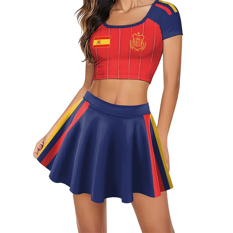 Adult Women's Spanish Football Fan Matching Sets Short Sleeve Crop Top Flared Skirt 2-Piece Outfit Jersey Summer Support Suit
