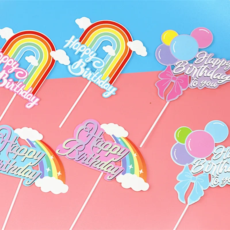 10pc Rainbow Cake Topper Stars Sun Clouds Happy Birthday Wedding Decoration Bride Cupcake Decor Party Baby Shower Party Supplies