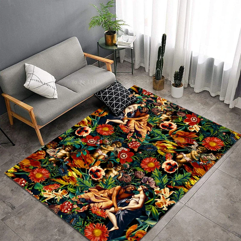 

A Loving Couple And A Cherub Were Playing Among The Flowers Non Slip Flannel Floor Rugs By Ho Me Lili