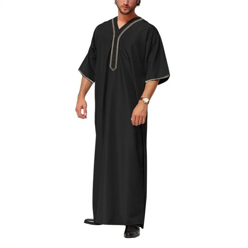 Caftán islámico de media manga para hombre, ropa musulmana de Color sólido con cuello en V, suelta, informal, Pakistán, Arabia Saudita, Ara, Dubái,