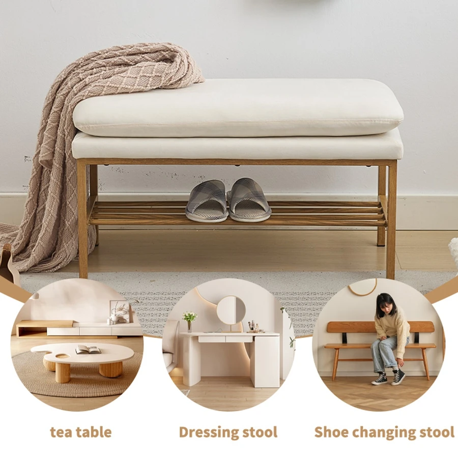 

End of Bed Bench with Shelf, Linen Upholstered Storage Shoe Bench, Modern Bedroom Bench with Metal Legs for Living Room