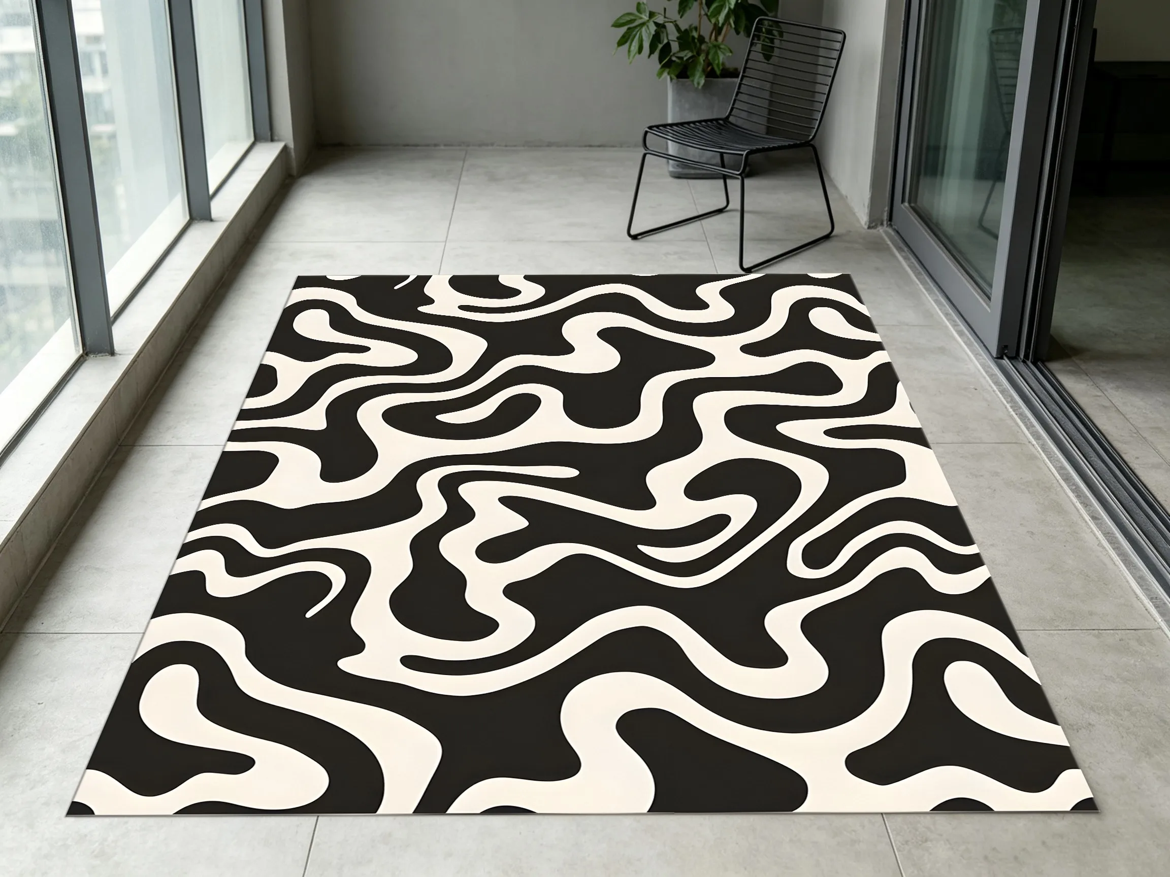 Black and White Irregular Flowing Curve Pattern, Trendy and Cool Instagram-Style Halloween Design, Suitable for Living Room, Bedroom, and Entryway, Creating a Personalized and Artistic Home Atmosphere, Velvet Carpet
