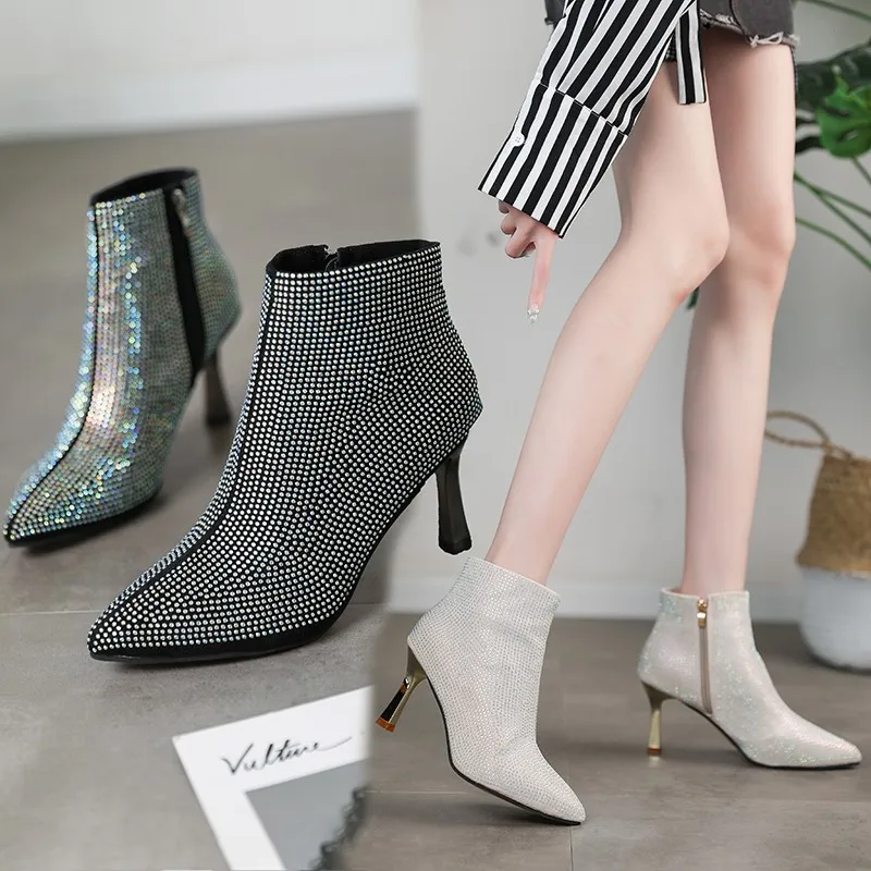 Women's Pointed Toe High Heel Boots Ort Tube Fashion Boots Glittering Water Diamond Design Spring Autumn Season PU Lined