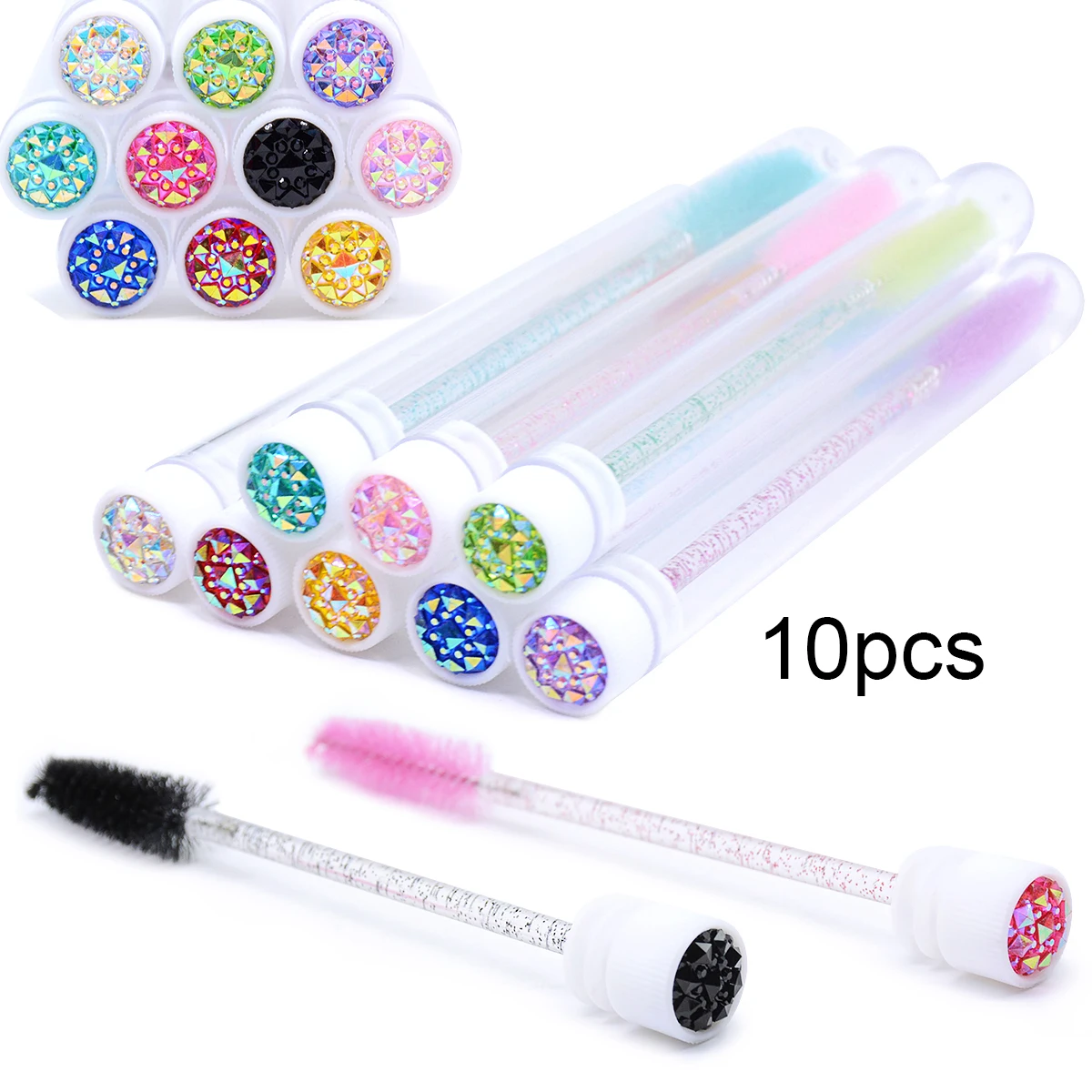 10Pcs Sparkling Reusable Eyelash Brushes Mascara Wand In Tubes Eye Lash Brushes Eyebrow Spoolie Combs With Container Case