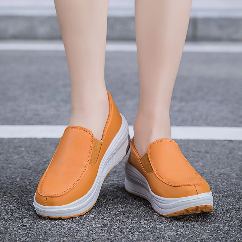 Spring Women\'s Shoes Comfort Platform Wedges Sneakers Slip on Leather Casual Shoes Plus Size 42 White Nurse Shoes Zapatos Mujer