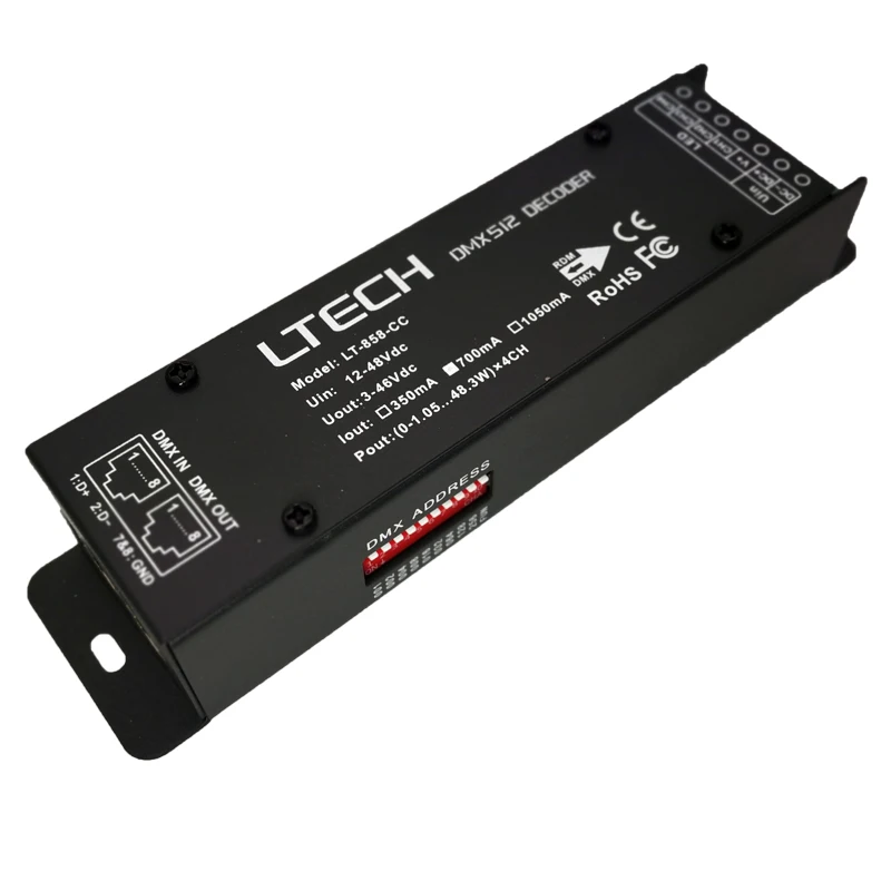 Dekoder DMX Led LTECH CC 4 kanały DC 12V-48V 4CH 350mA 700mA 1050mA wyjście DMX512 stały prąd Slave Port RJ45