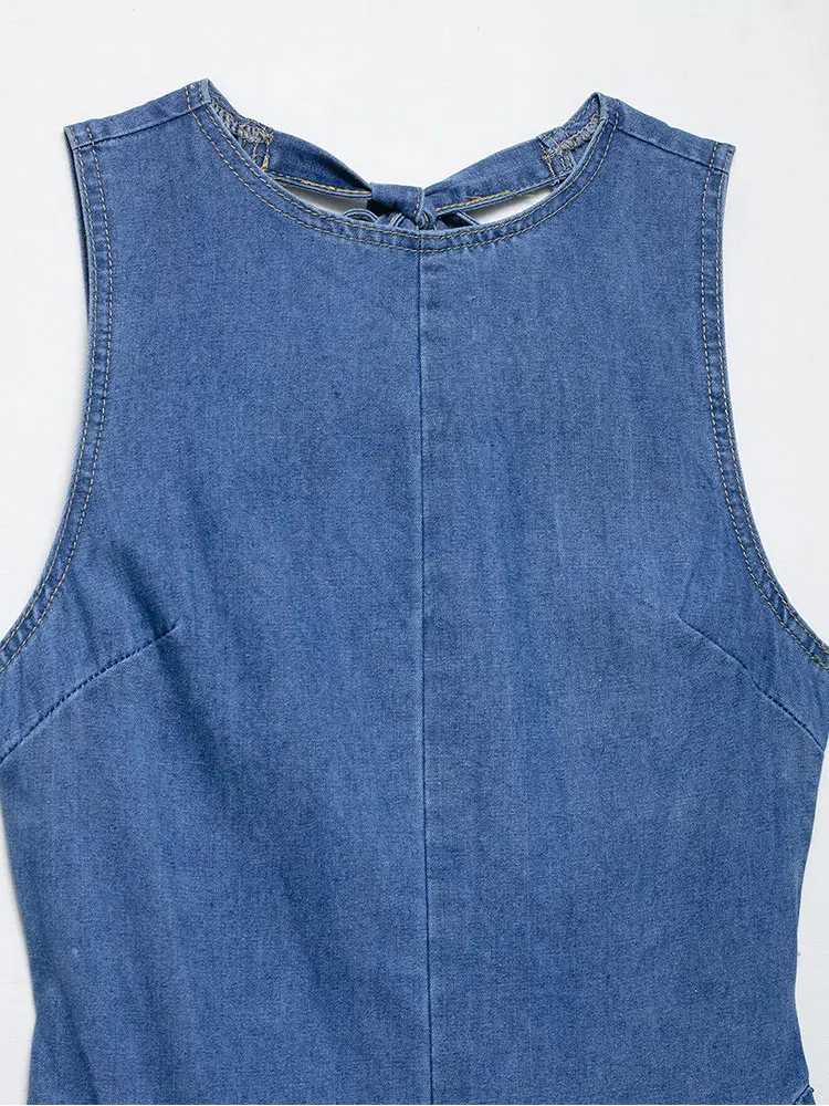 فستان نسائي صيفي أنيق طويل من قماش الدنيم موديل 2025 بدون أكمام بدون ظهر للحفلات فستان أنيق للعطلات