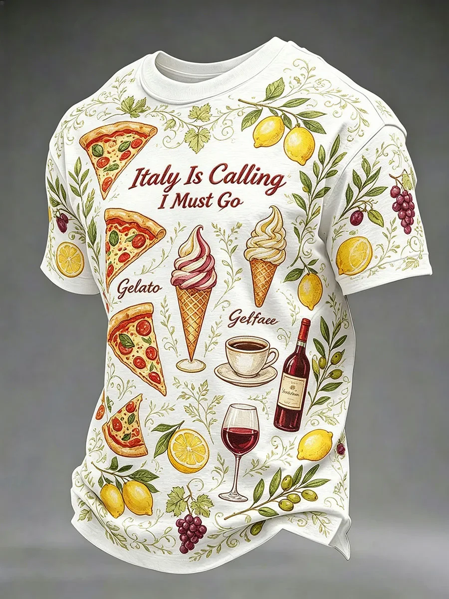 Italian Style Casual Short-sleeved T-shirt with Original Pattern. Italian Cuisine: Pizza, Wine, Lemon Ice Cream. Retro Design.
