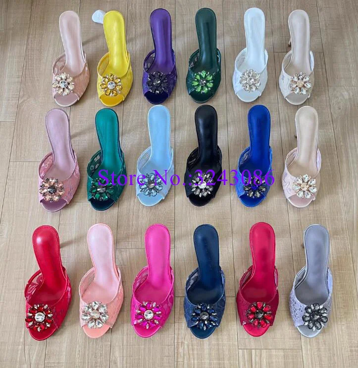 New Crystal Decor Lace Lady Sandals Sexy 6/9 cm Stiletto Heel Woman Slippers Fashion Female Casual Shoes Dropship